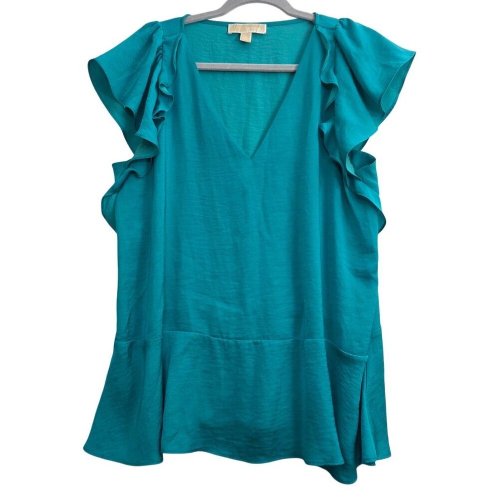 Michael Kors Green Top Flutter Sleeve Ruffle Blouse Shirt Extra Large XL
